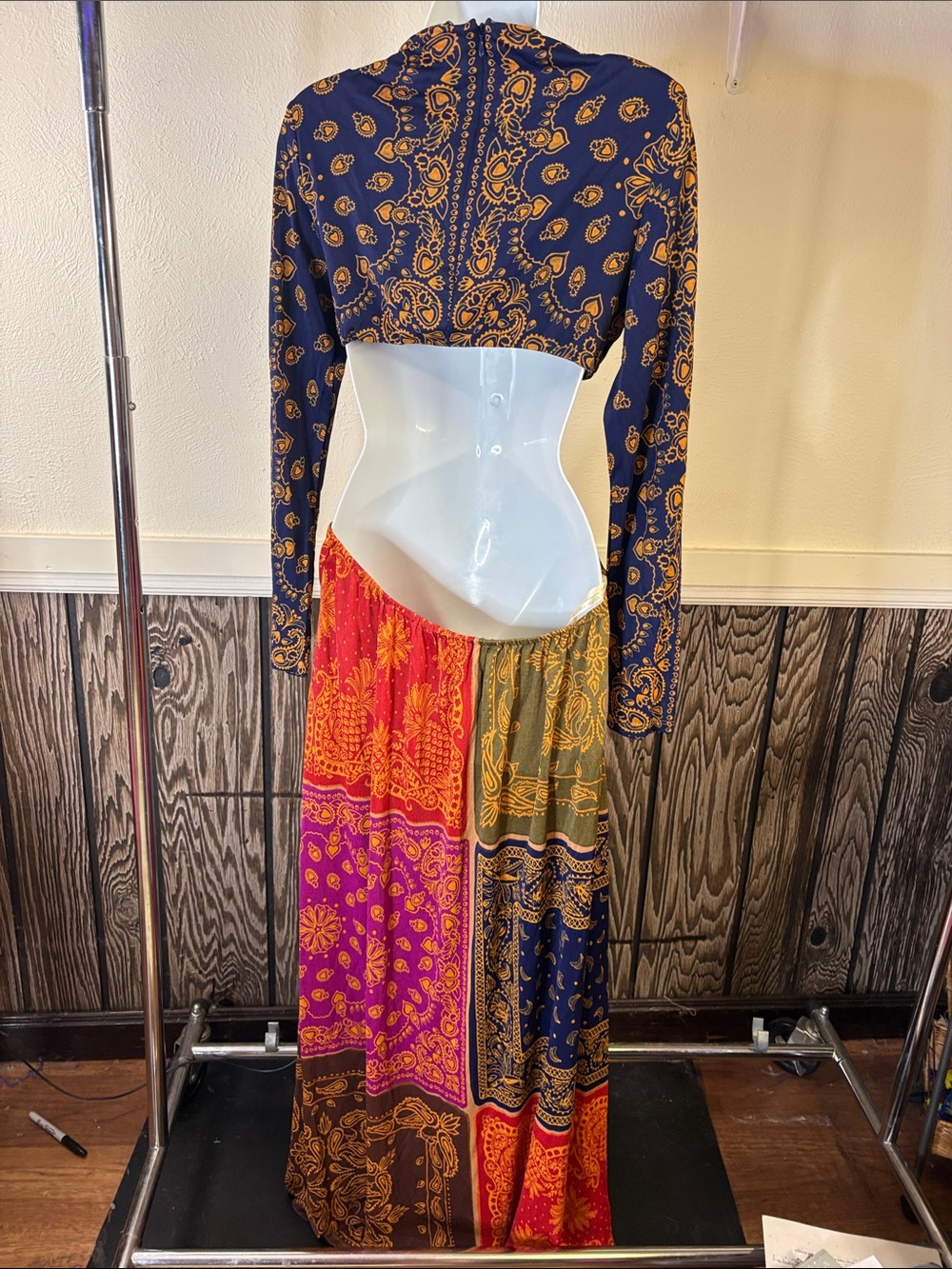 FARM Rio Navy, Olive, Red & Purple Patchwork Long Sleeve Maxi Dress - Picture 3 of 3